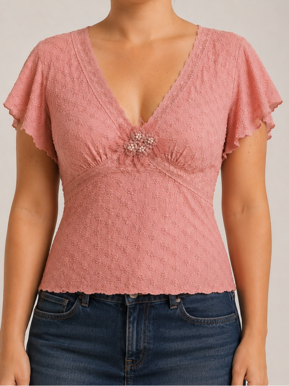 Fashion Bug Y2K Fairycore Pink Lace Top with Flutter Sleeves